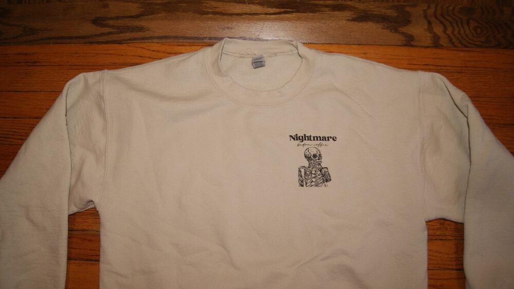 Nightmare Before Coffee Tan Crewneck L Sweatshirt Funny Halloween Skeleton Scary